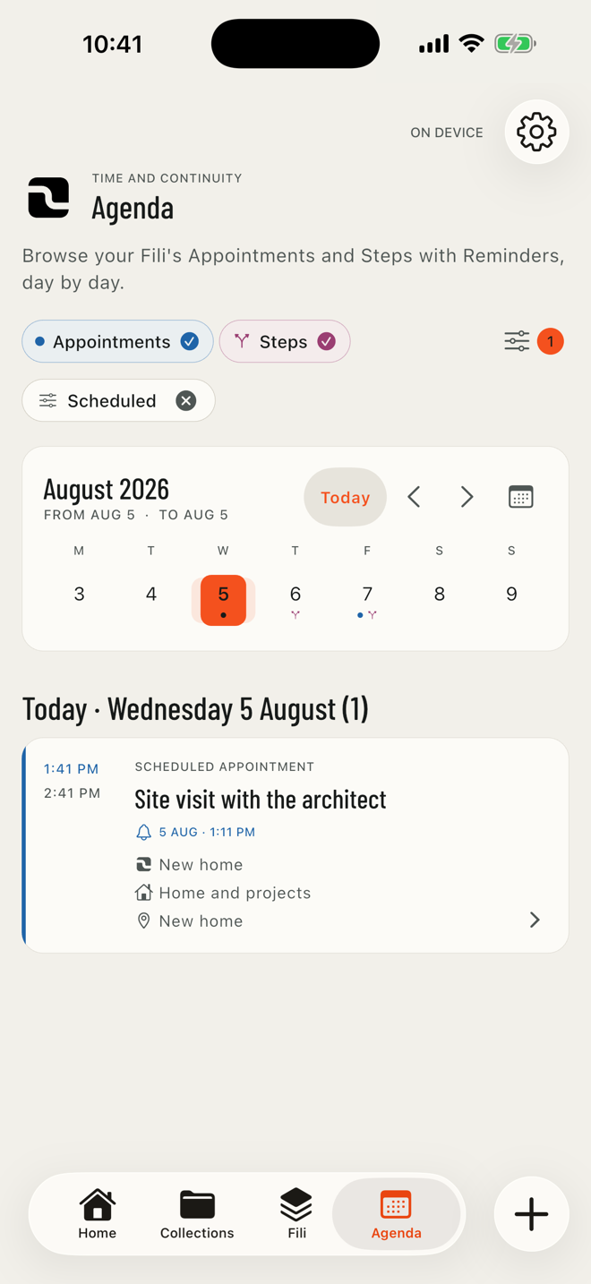 Real FILO Agenda with a calendar, Appointments, and Steps with reminders connected to Fili