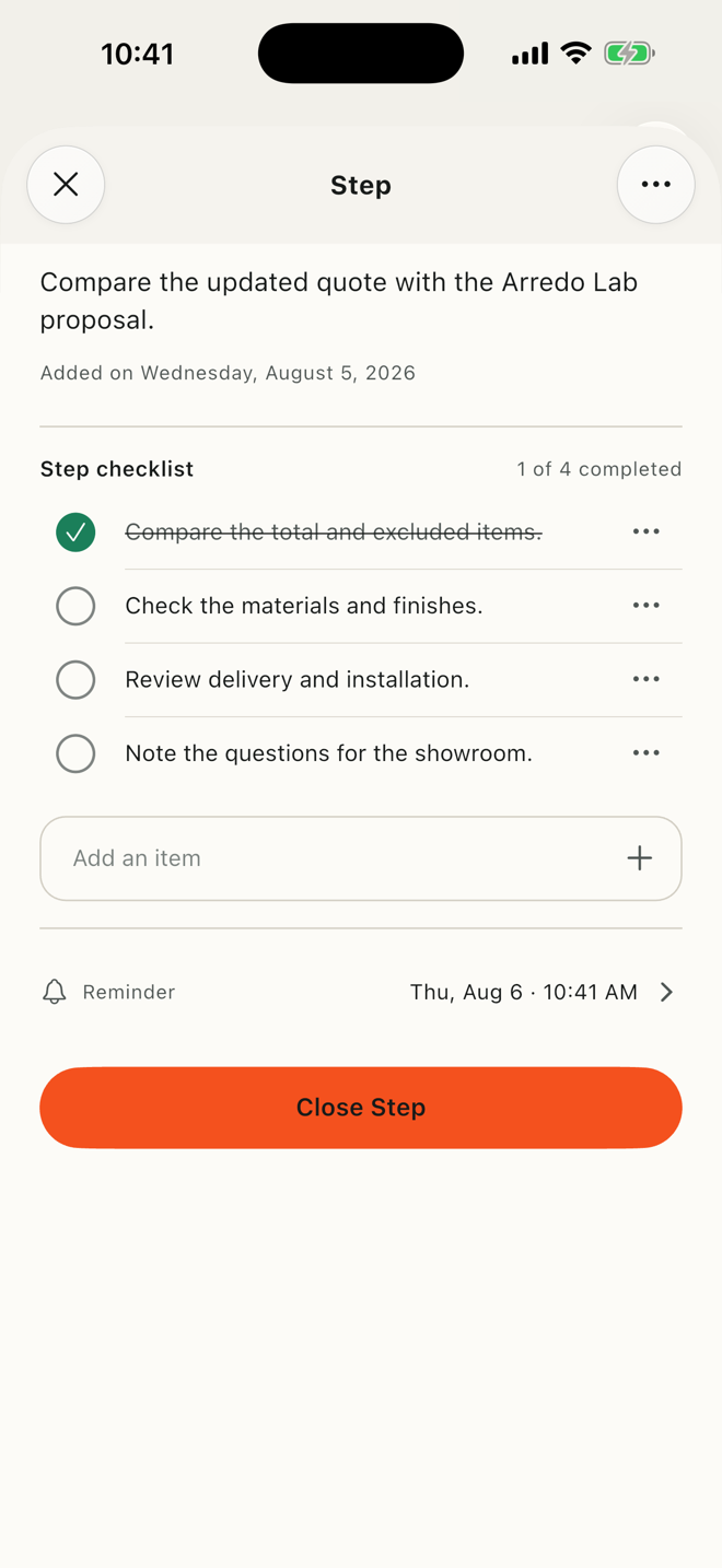 FILO Step detail with a practical four-item list and one completed item
