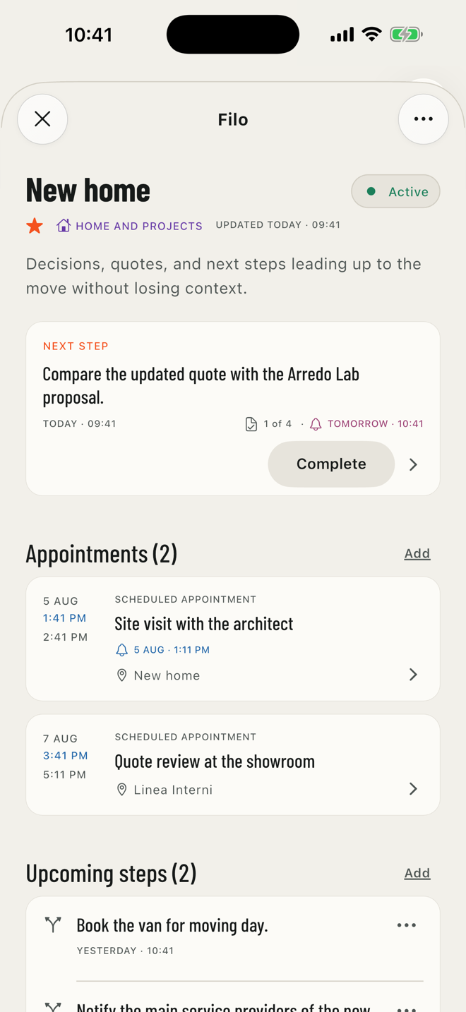 Dark Filo detail screen with the next Step and timeline