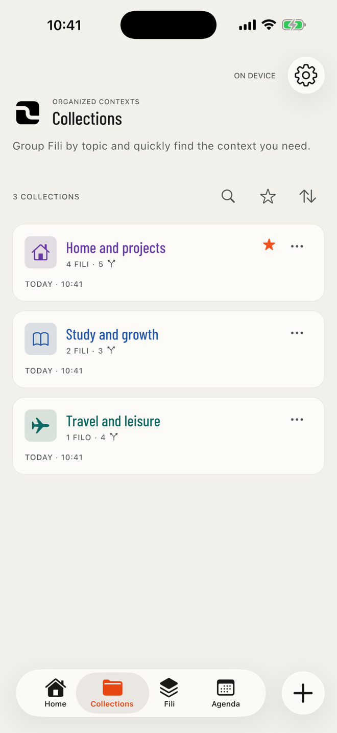 FILO Collections view with a custom icon for every context