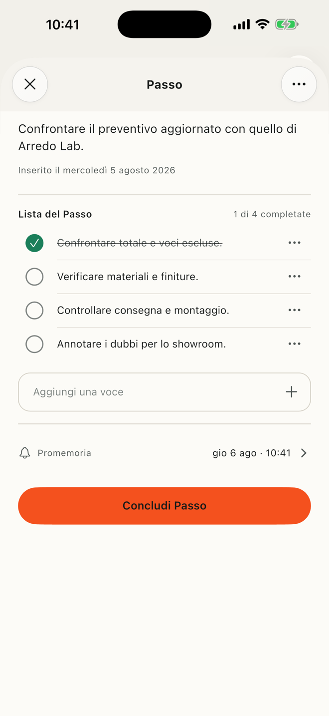 Dettaglio Passo di FILO con una lista concreta di quattro voci e una voce già completata
