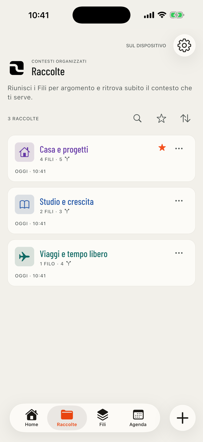 Vista Raccolte di FILO con icone per riconoscere i diversi contesti