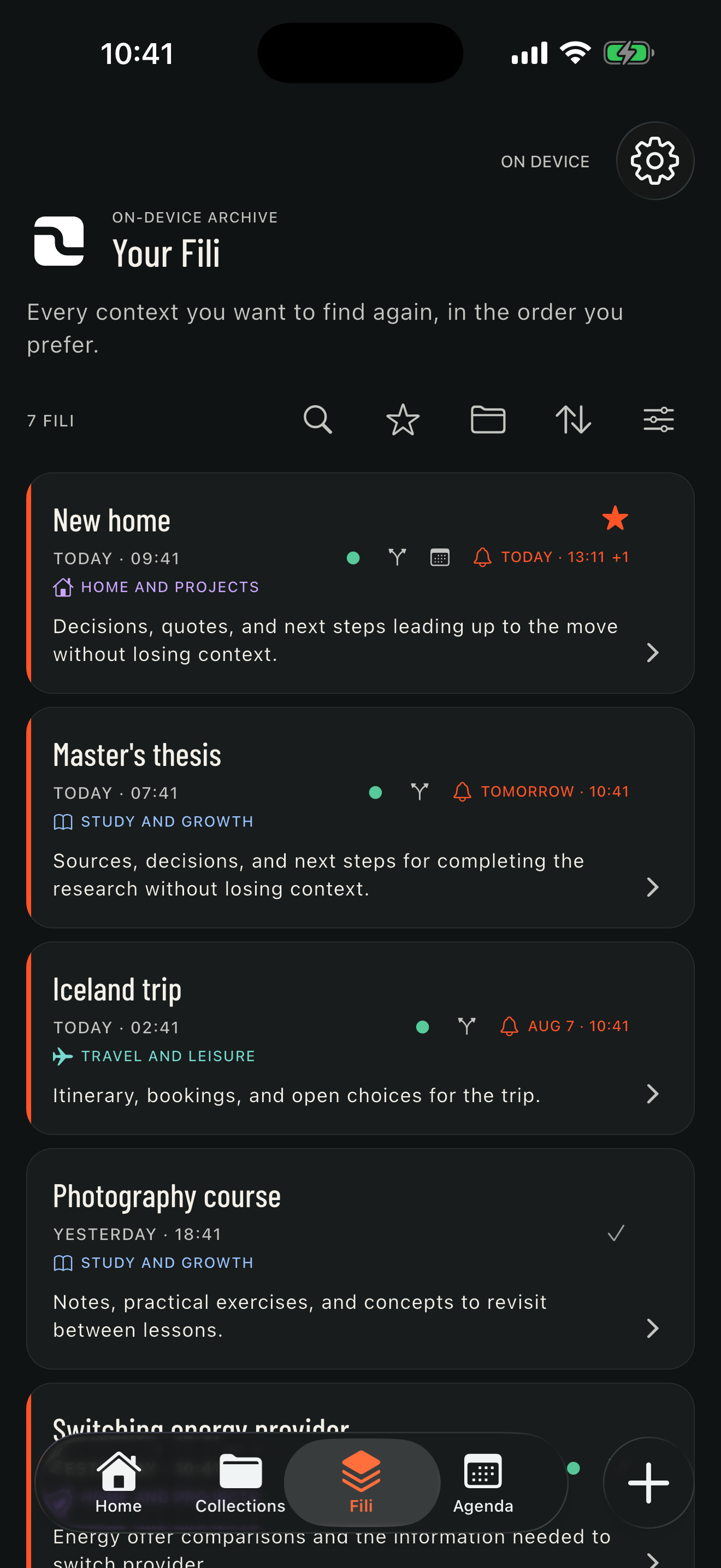 FILO Fili view in dark theme with states identified through color, icons, and text