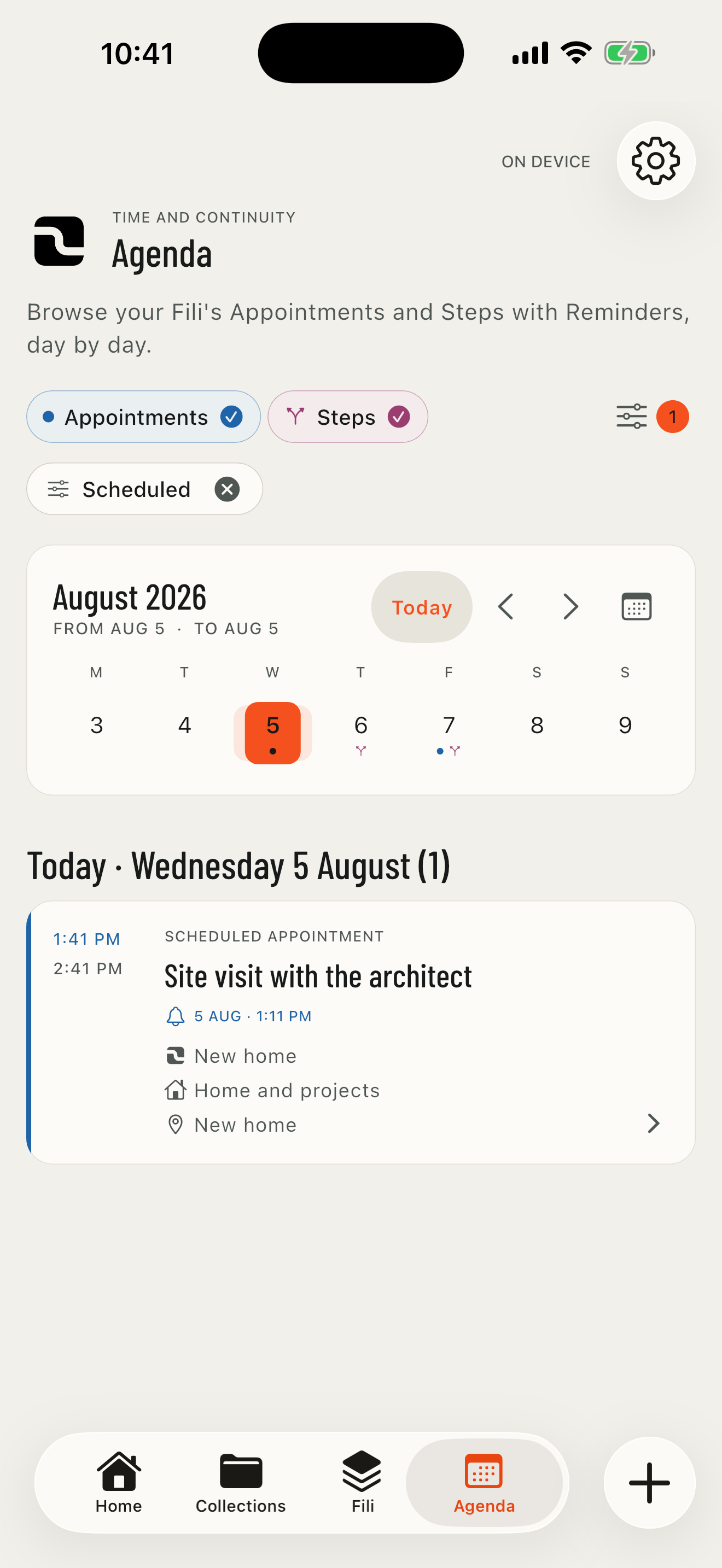 FILO Agenda with date range selection, filters, Appointments, and Steps with reminders