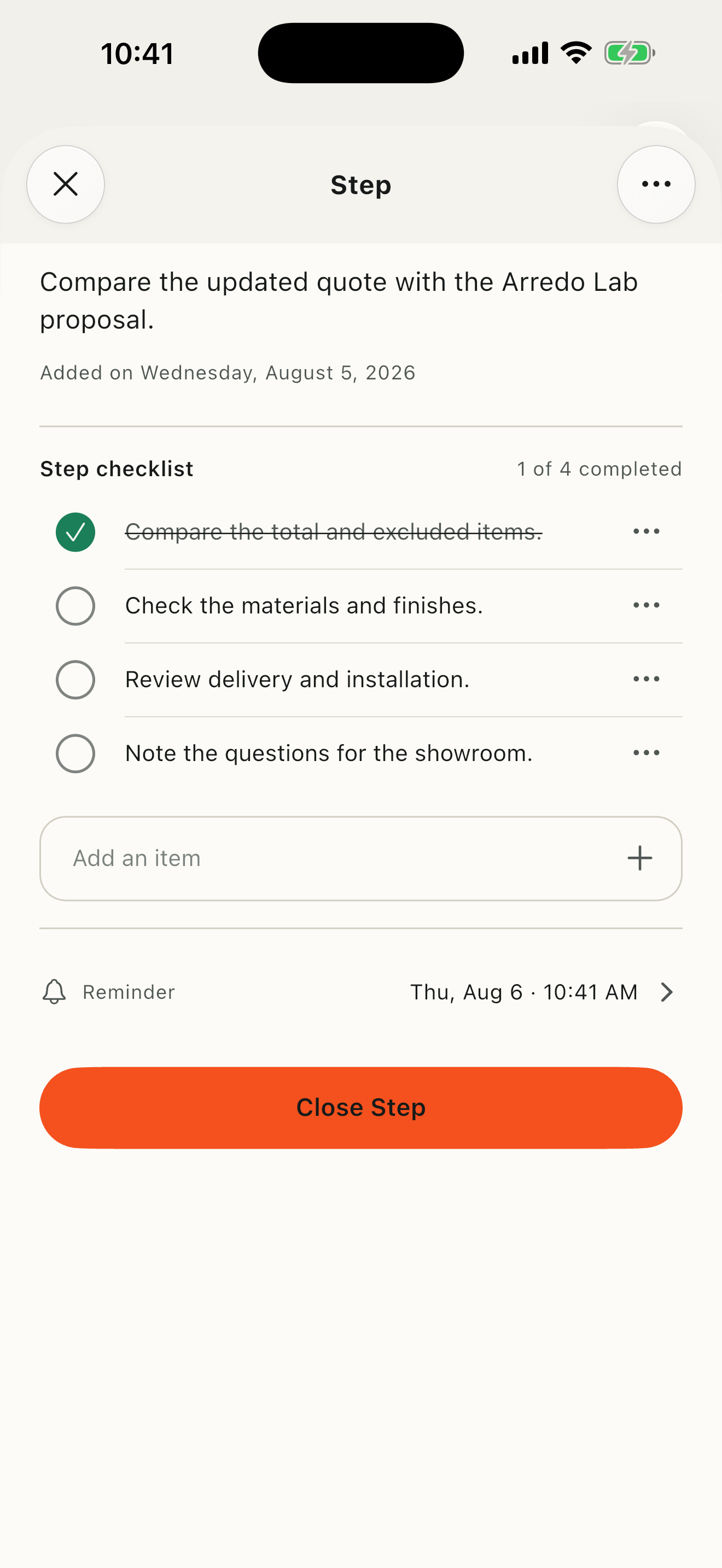 Real detail of the active New home Step with a reminder