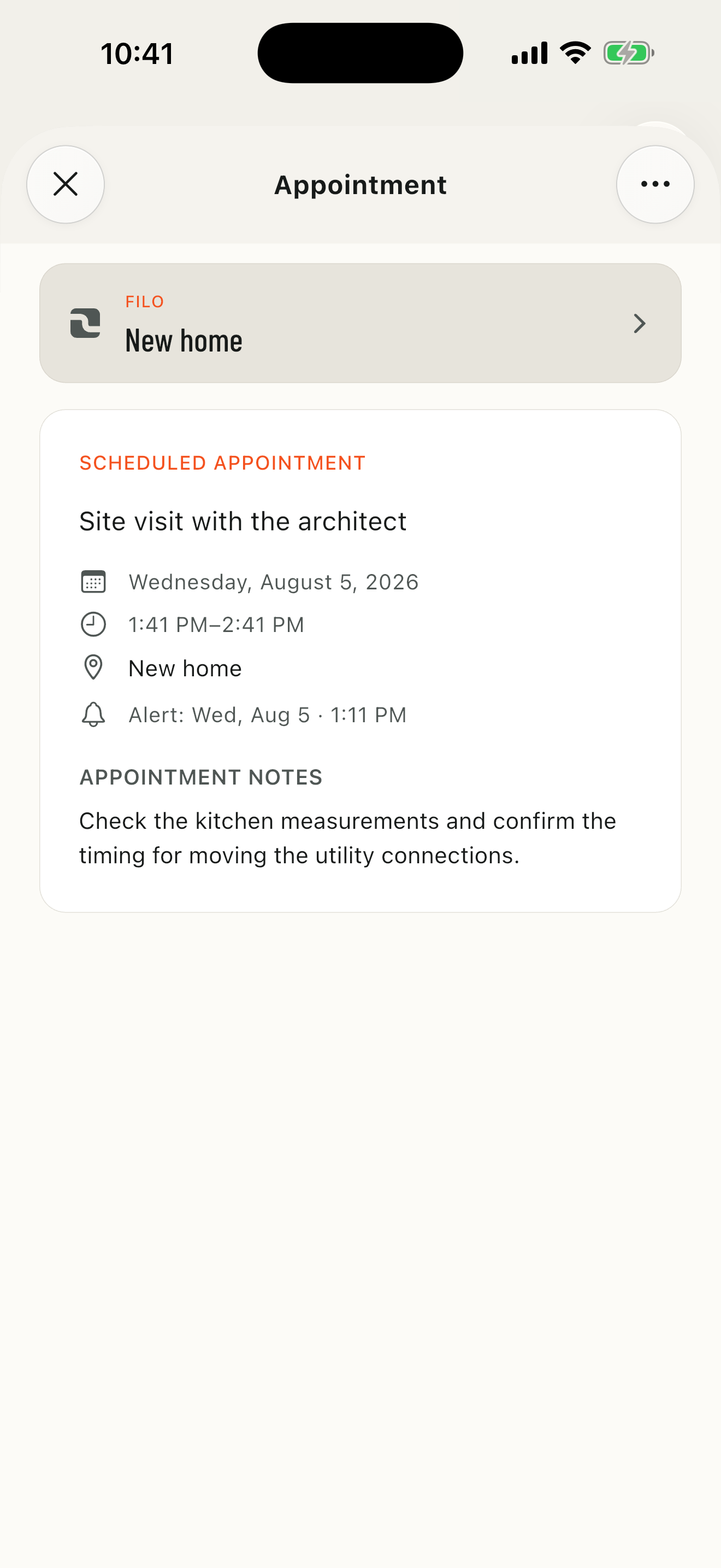 Real detail of an Appointment connected to the New home Filo