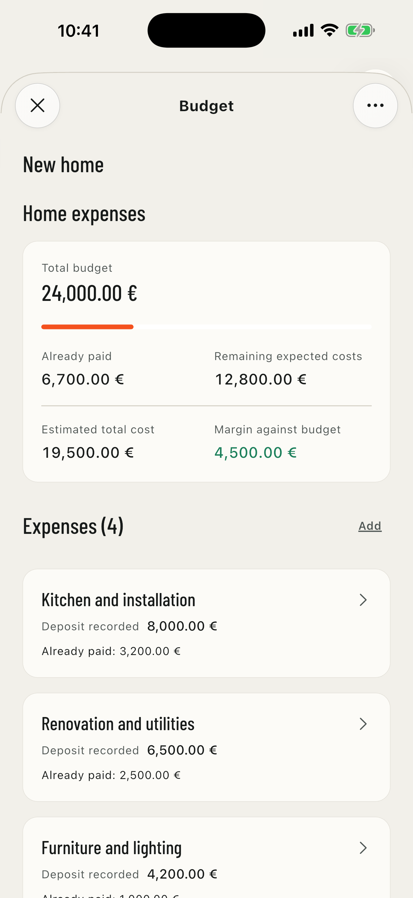 Home expenses Budget in the New home Filo, with estimates, payments and expenses