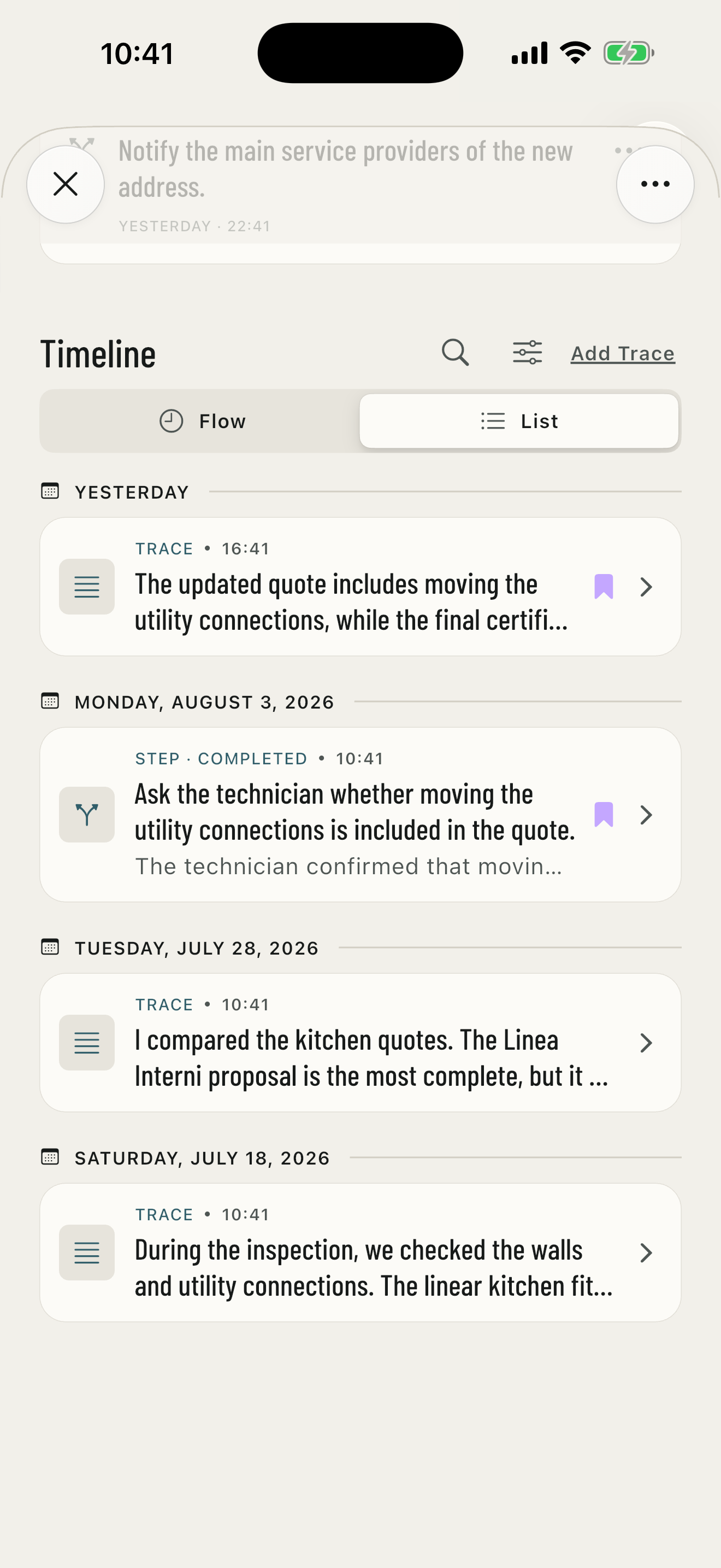 New home history in List view with filters and key points