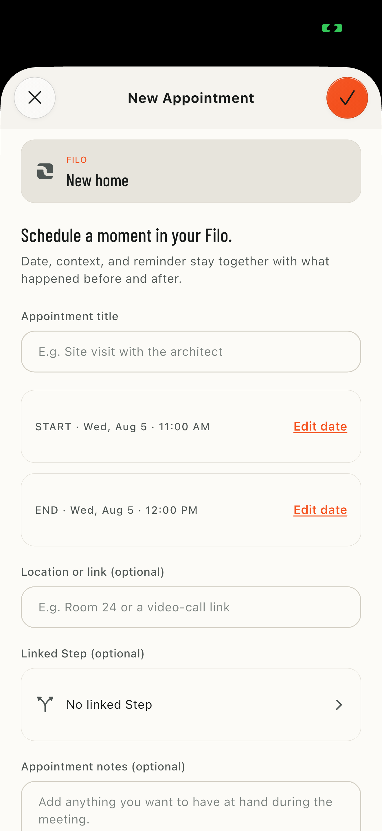 Real screen for creating an Appointment in the New home Filo