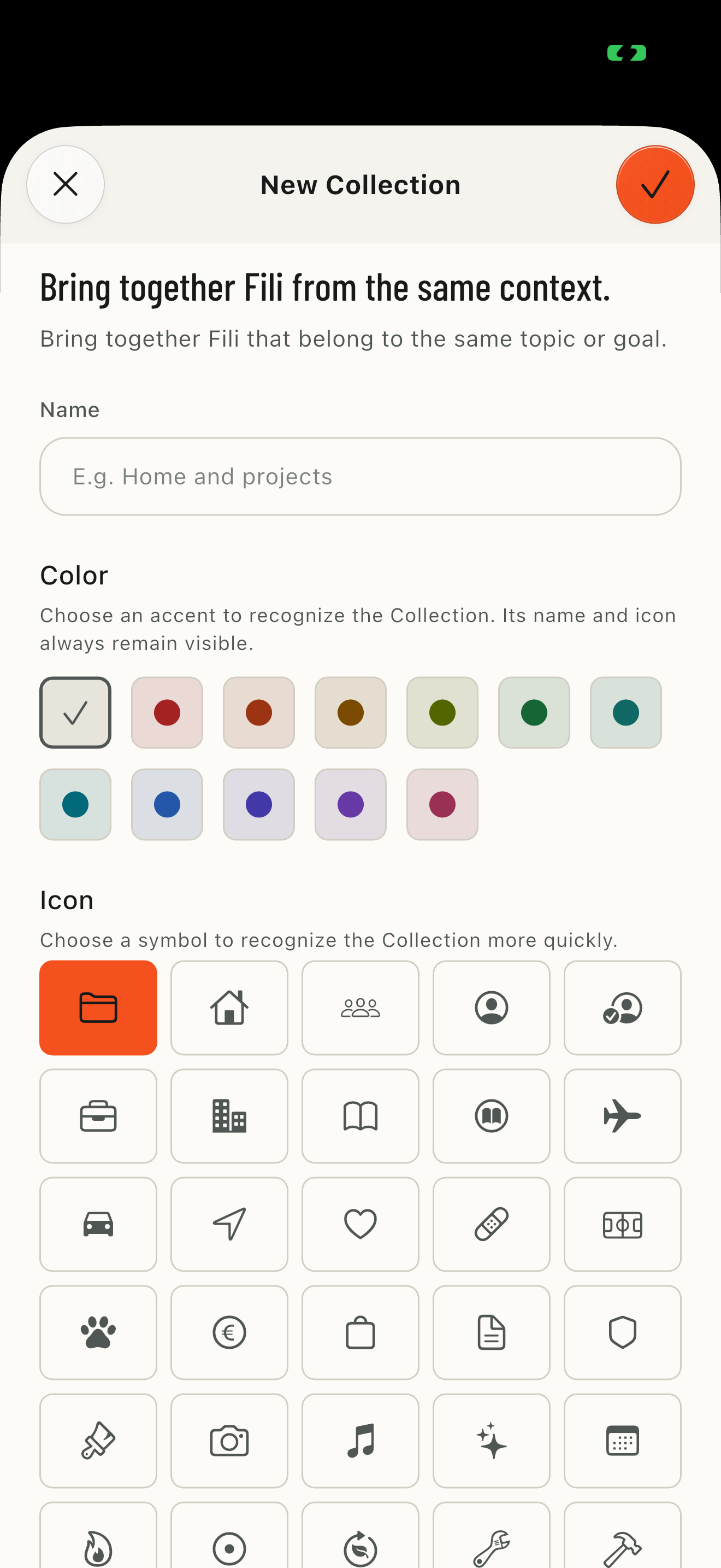 Creating a Collection in FILO with a choice of 45 icons