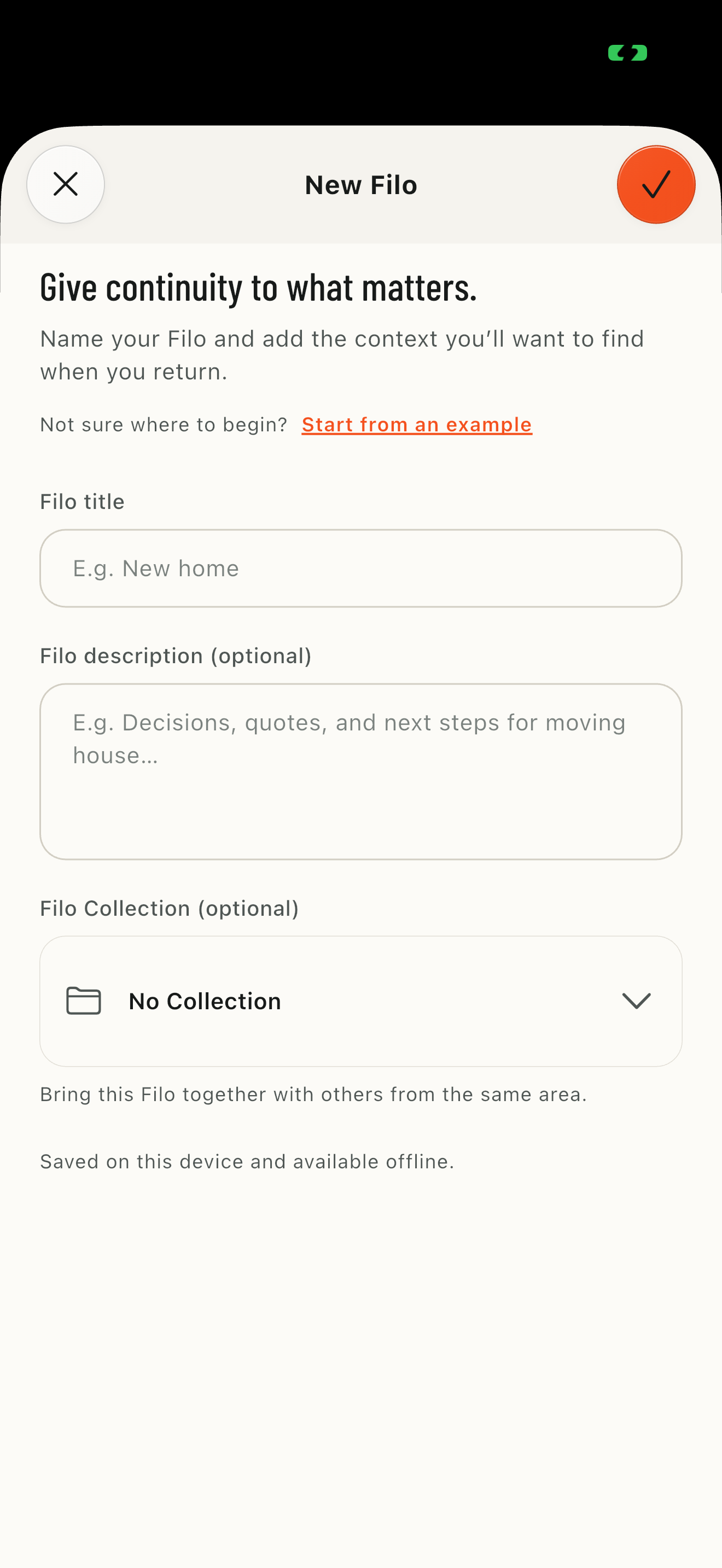 Real FILO screen for creating a new Filo