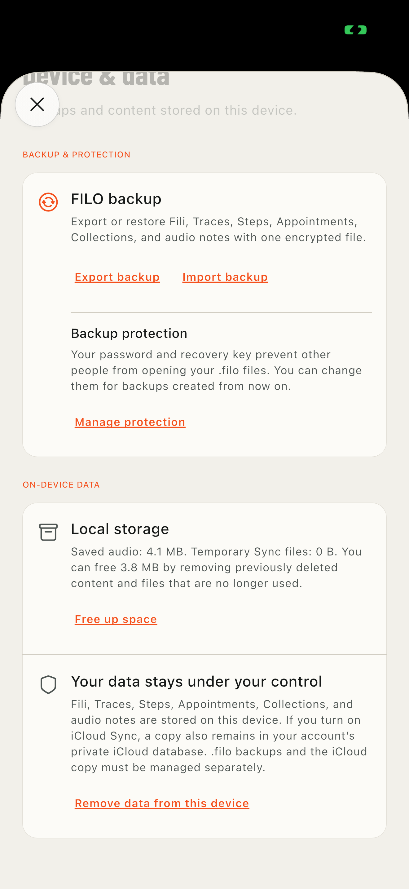 FILO Device and data settings with import, export, and protection management