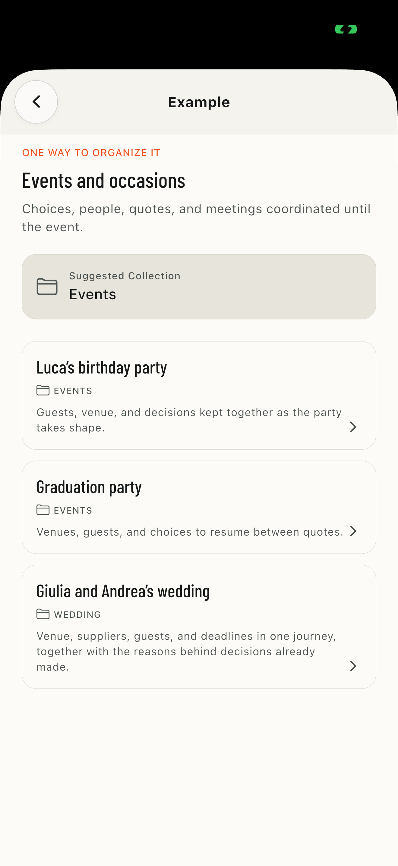 Events category in the FILO Examples catalog