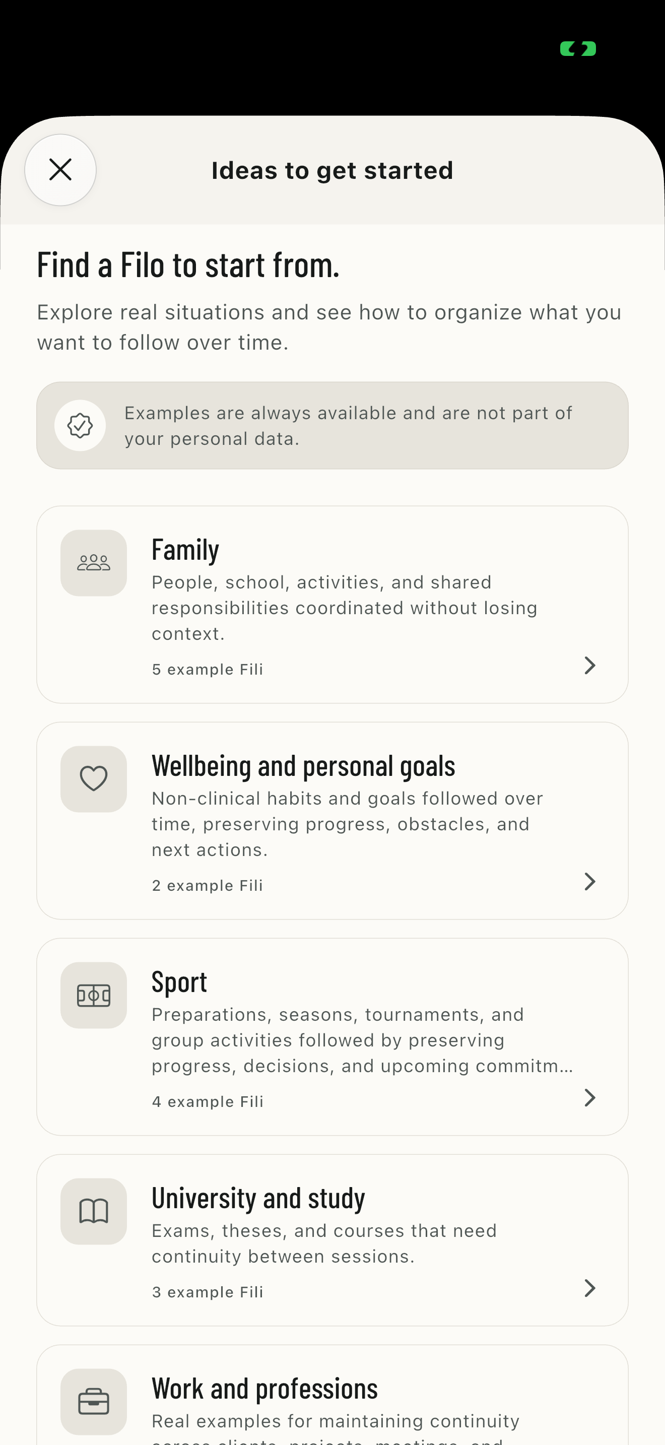 FILO Examples catalog organized by category
