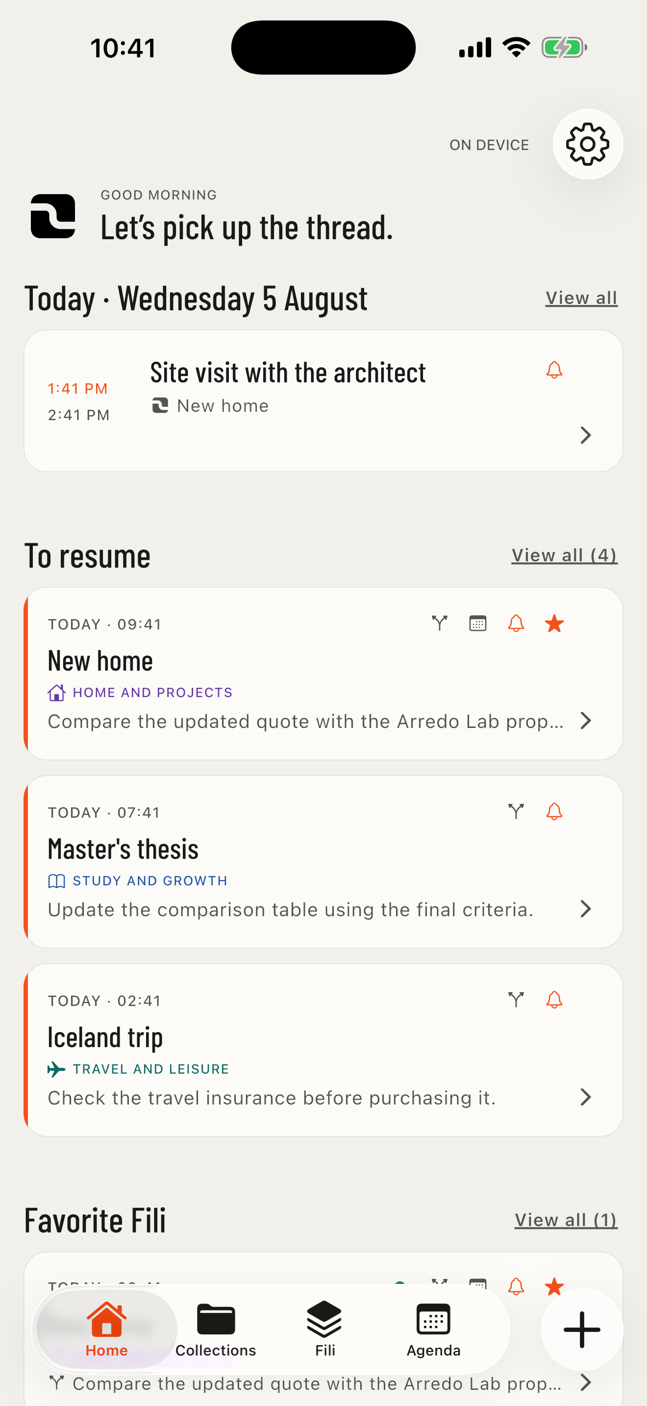 Real FILO Home screen with New home among the Fili to resume