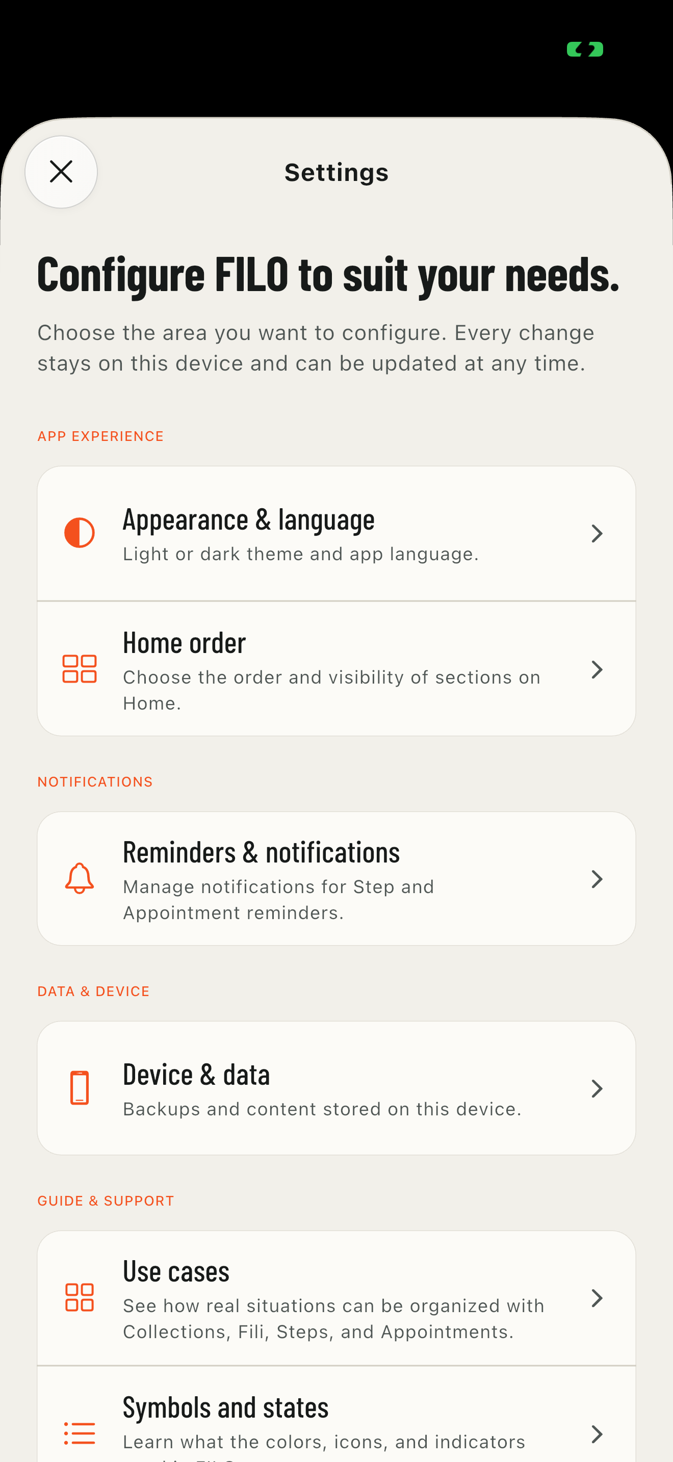 Real FILO Settings screen organized by topic
