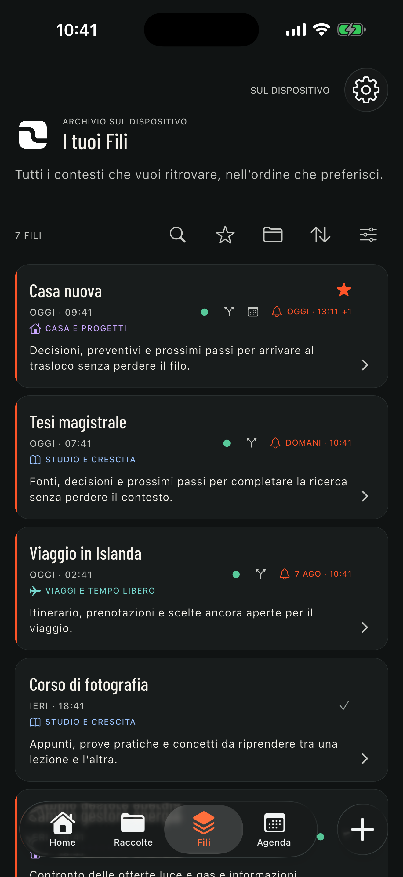 Vista Fili di FILO in tema scuro con stati distinti tramite colore, icone e testo