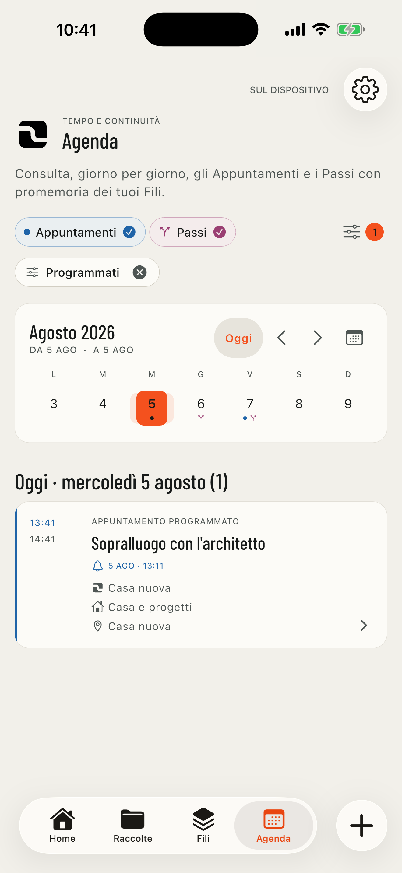 Agenda reale di FILO con calendario, filtri, Appuntamenti e Passi con promemoria