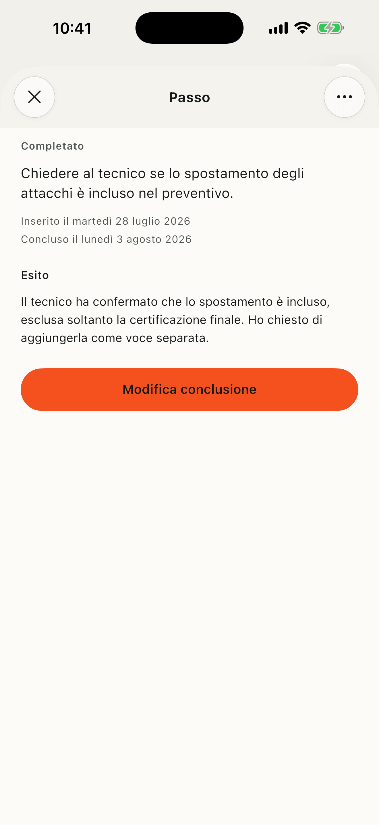Dettaglio reale di un Passo completato con il relativo esito