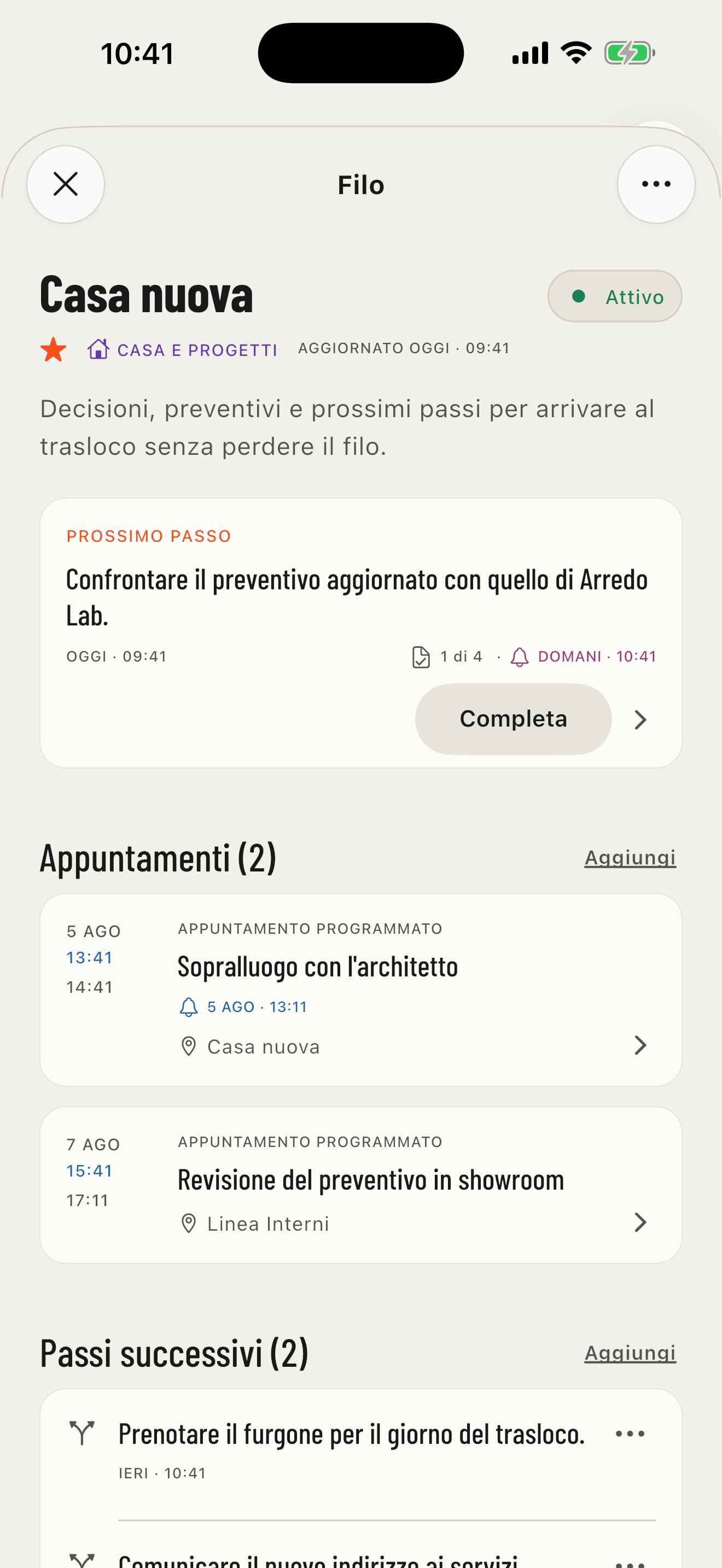 Dettaglio reale del Filo Casa nuova con Passi e Timeline