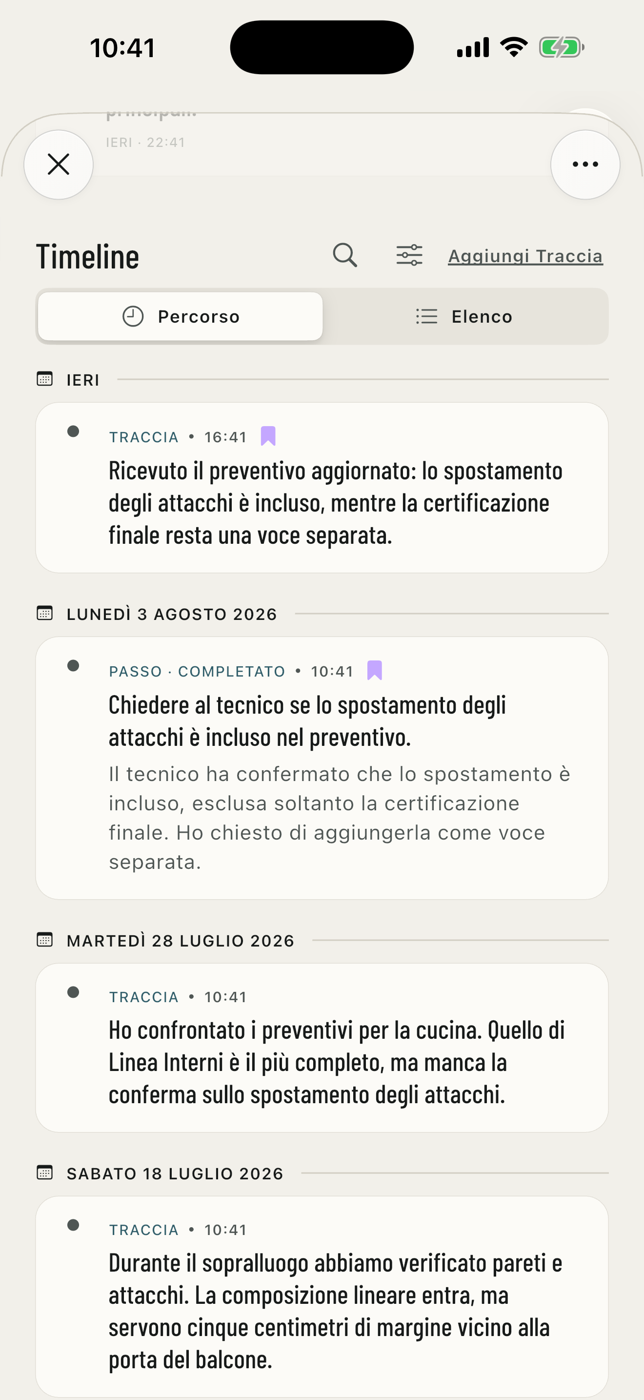 Storico reale del Filo Casa nuova in modalità Percorso con filtri e punti chiave