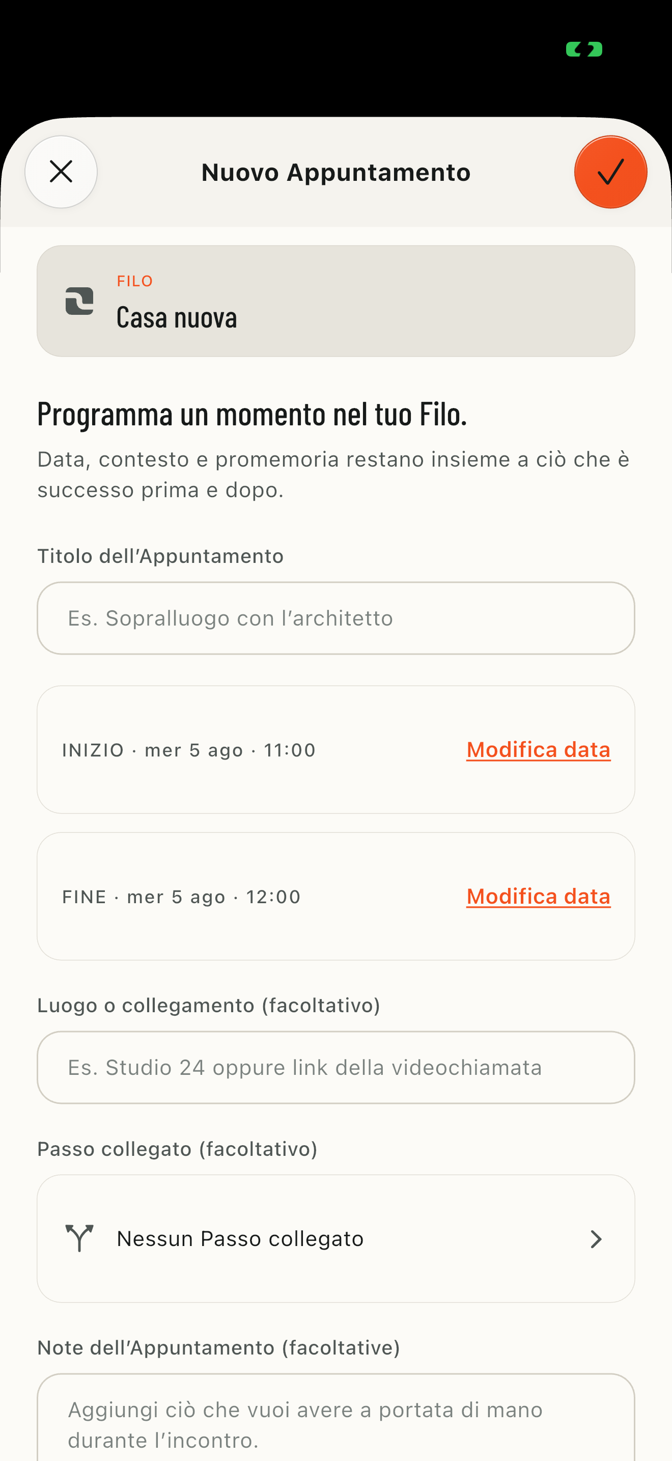 Schermata reale per creare un Appuntamento nel Filo Casa nuova