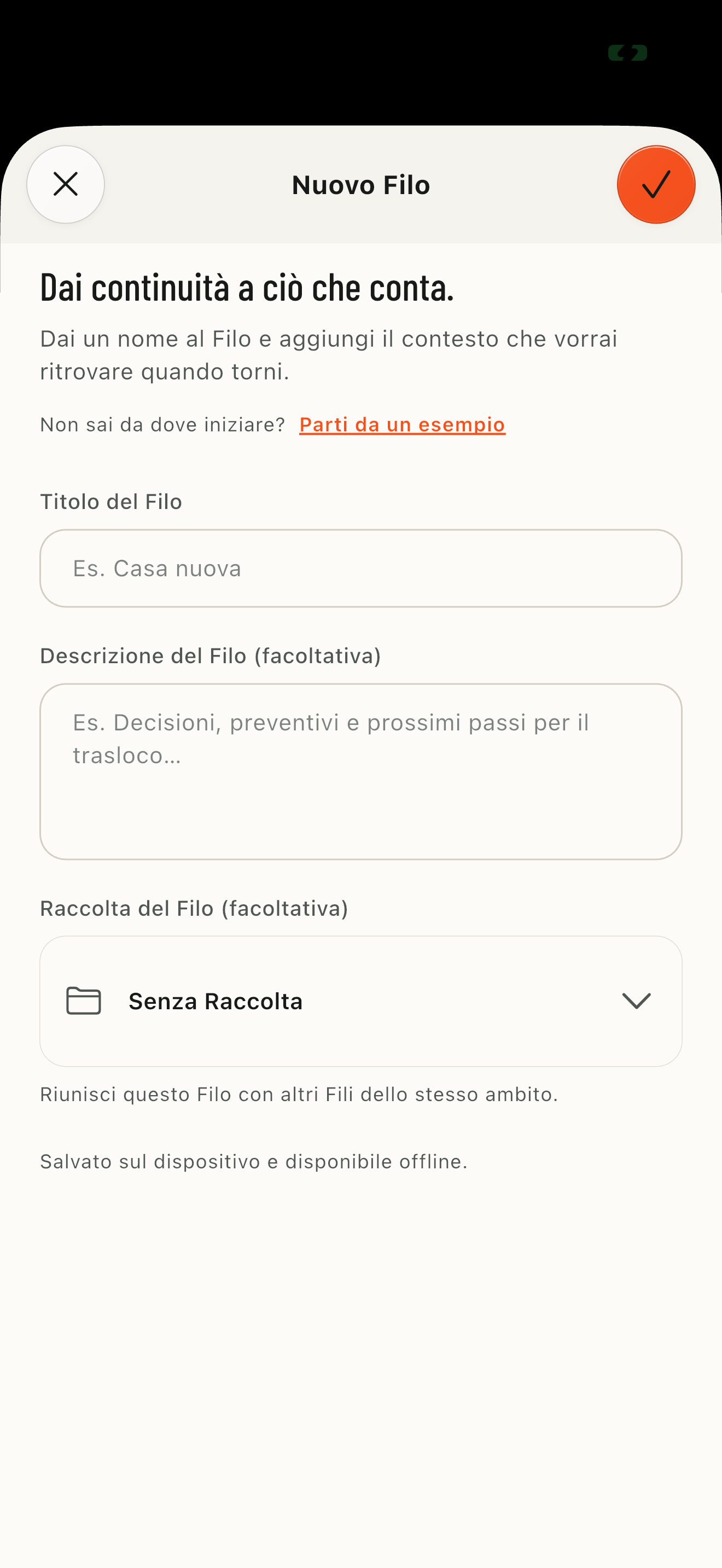 Schermata reale per creare un nuovo Filo nell'app FILO