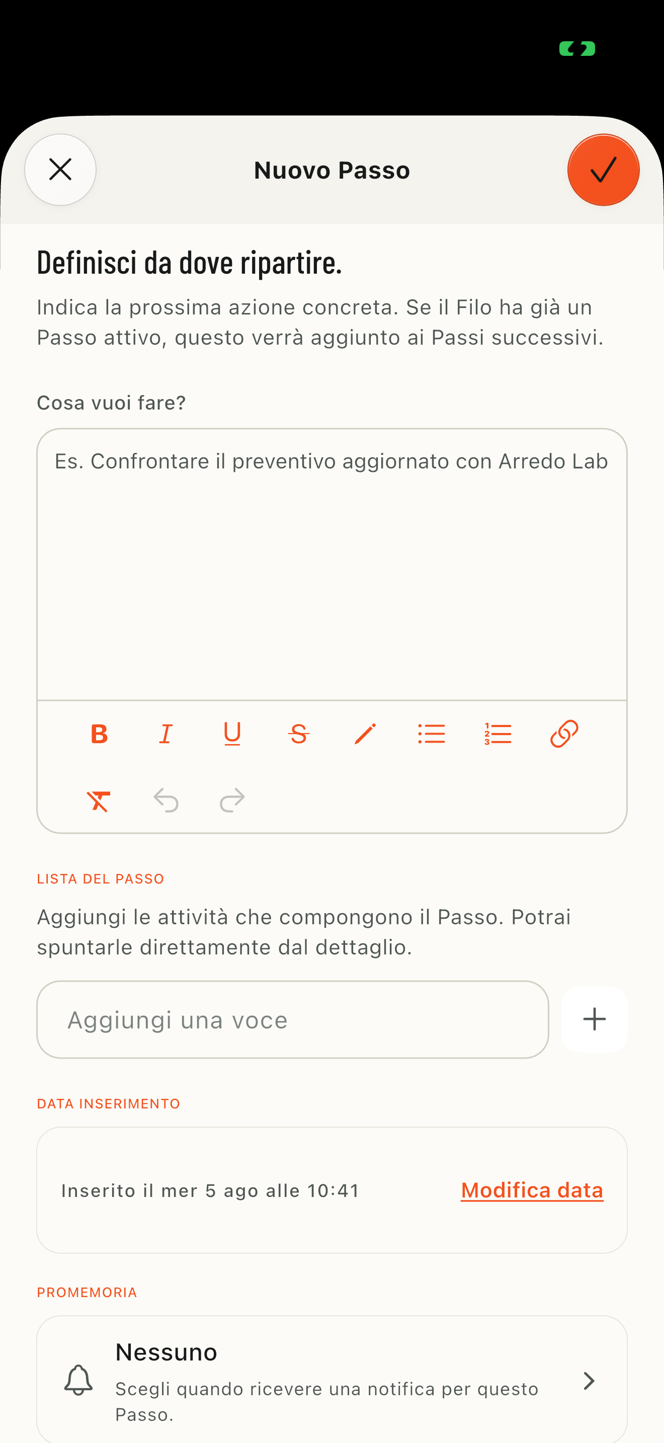 Schermata reale per creare un Passo nel Filo Casa nuova