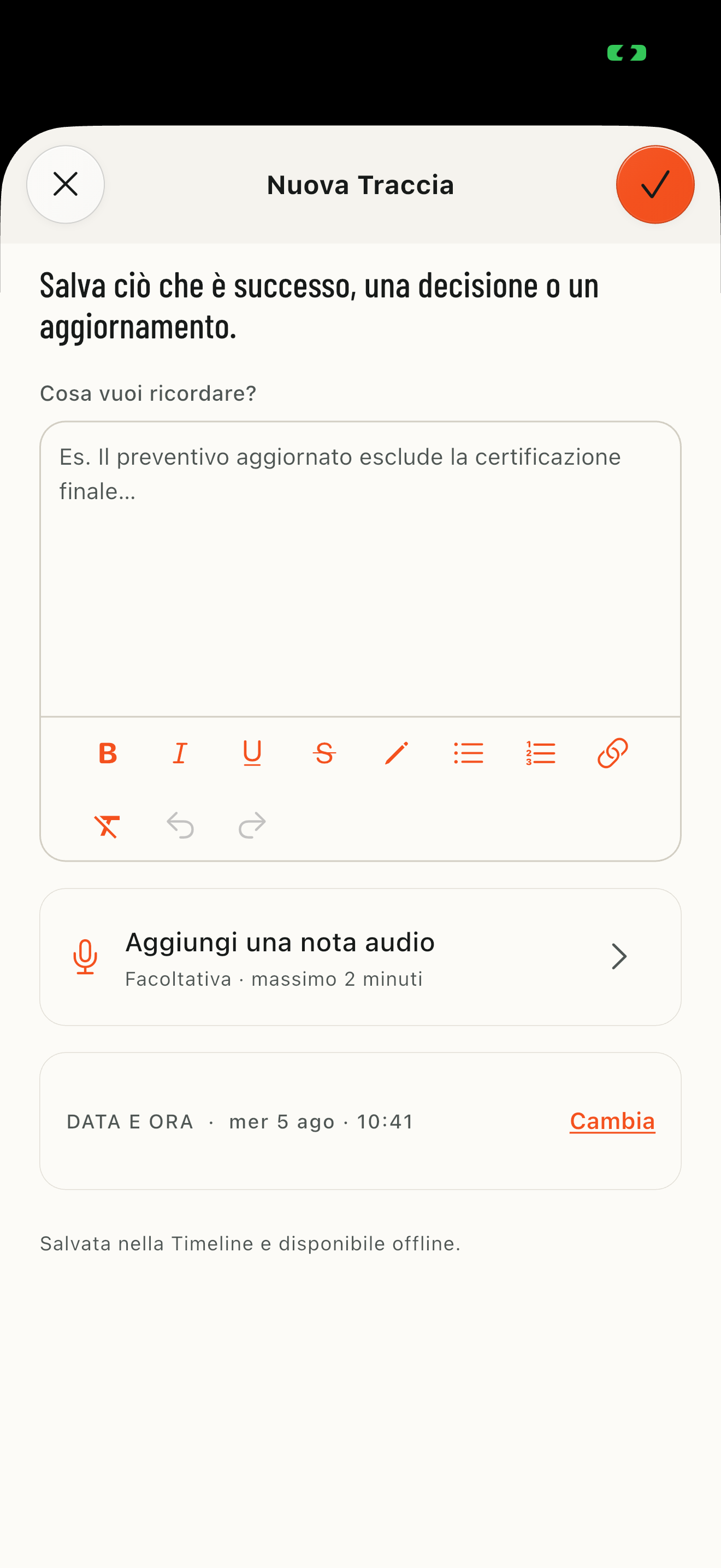 Schermata reale per aggiungere una Traccia al Filo Casa nuova