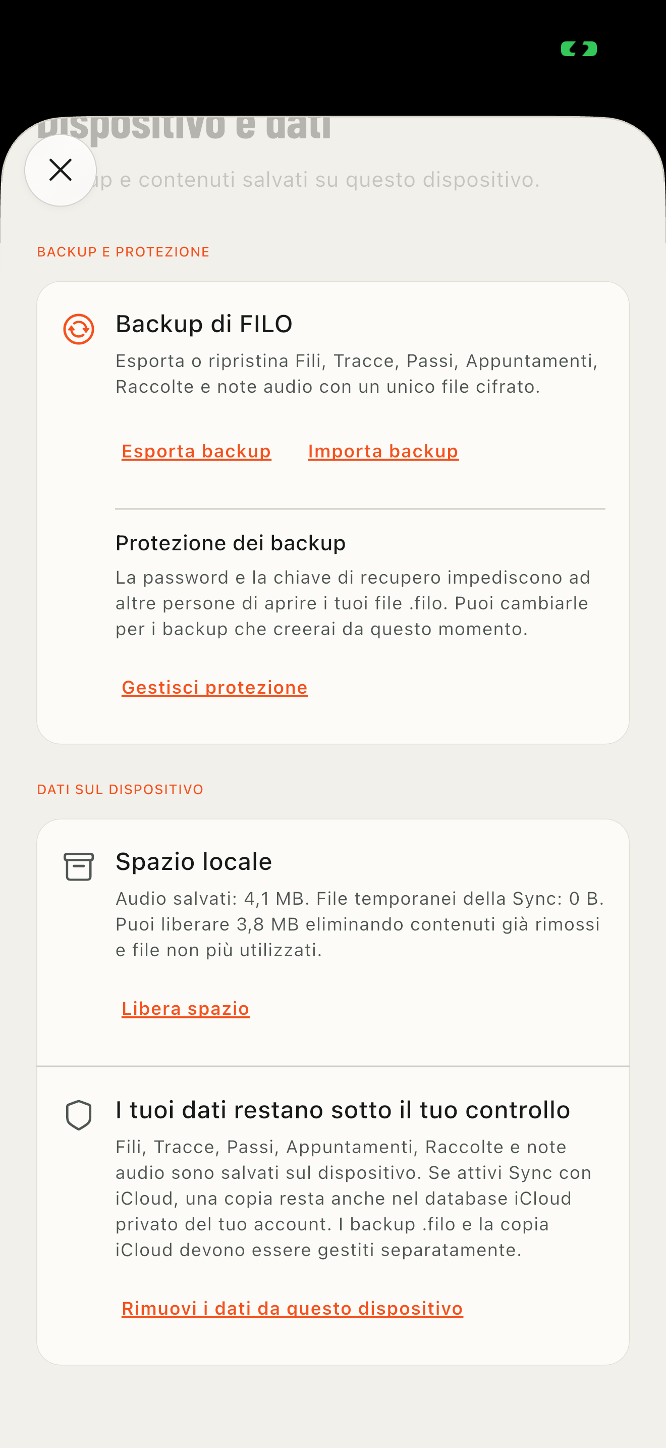 Schermata reale Dispositivo e dati di FILO con importazione, esportazione e gestione della protezione