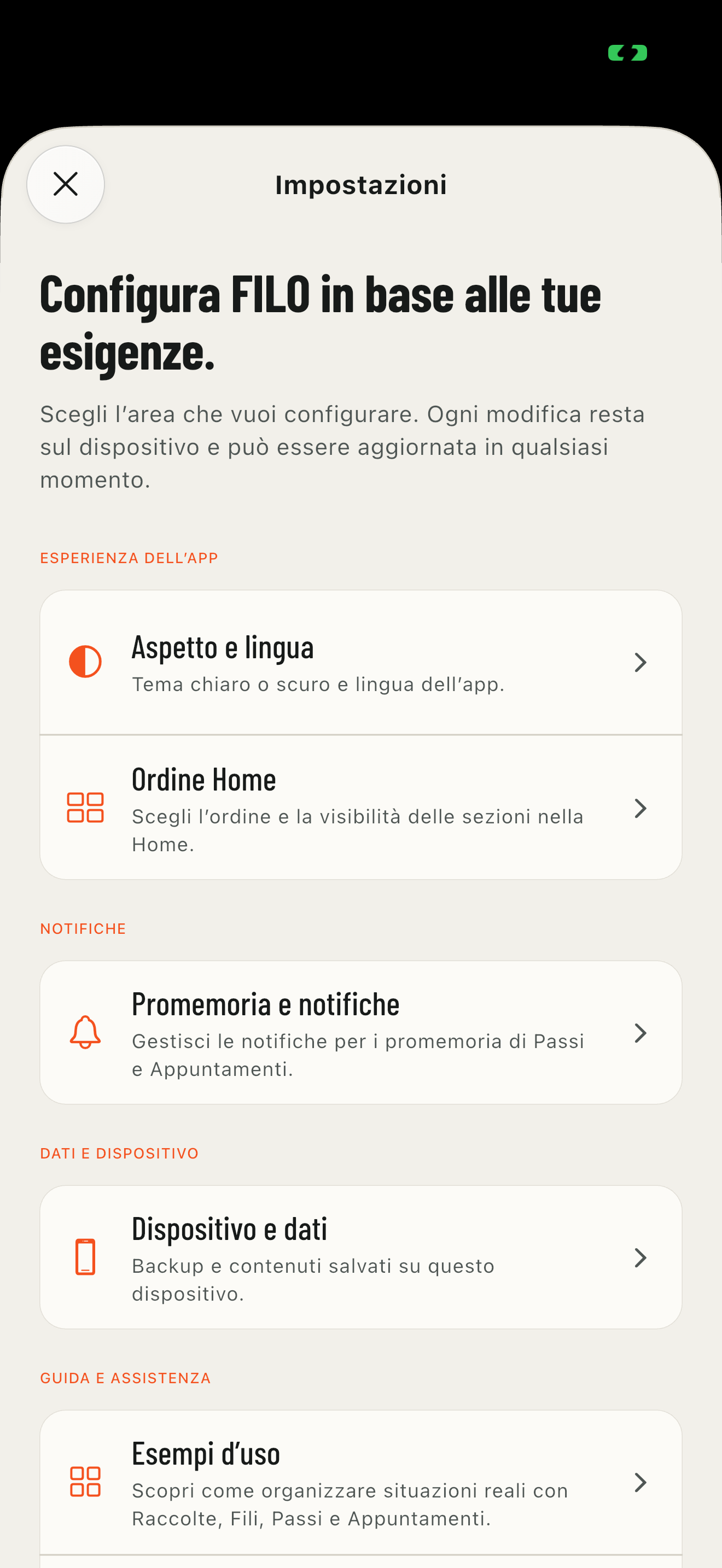 Schermata reale delle Impostazioni di FILO organizzate per argomento