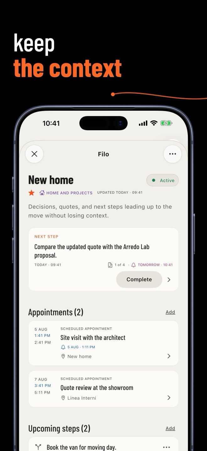 Filo detail with the next Step, Appointments, upcoming Steps, and Timeline