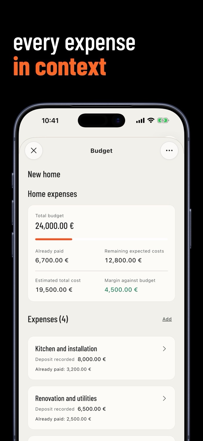 Home expenses Budget in the New home Filo, with estimates, payments and expenses