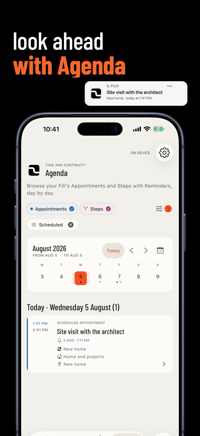 FILO Agenda with calendar, compact filters, and a reminder notification