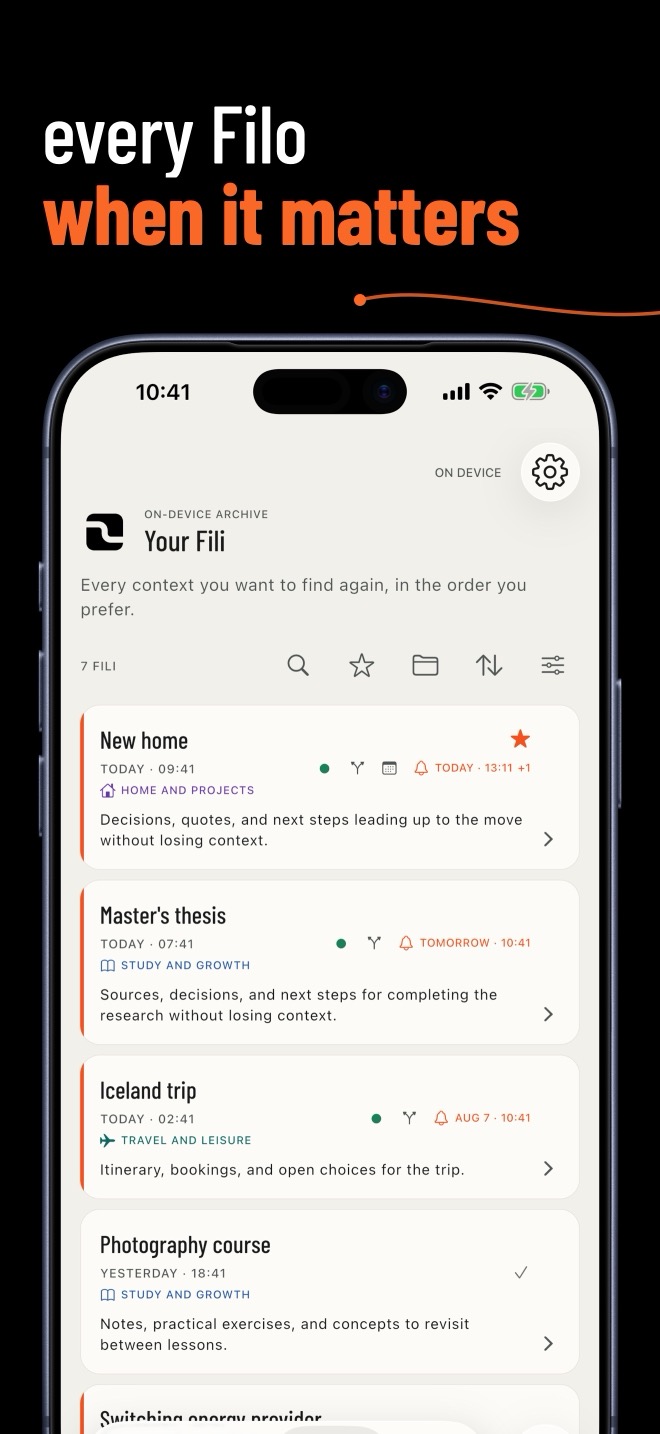 Fili archive with search, filters, and recognizable states