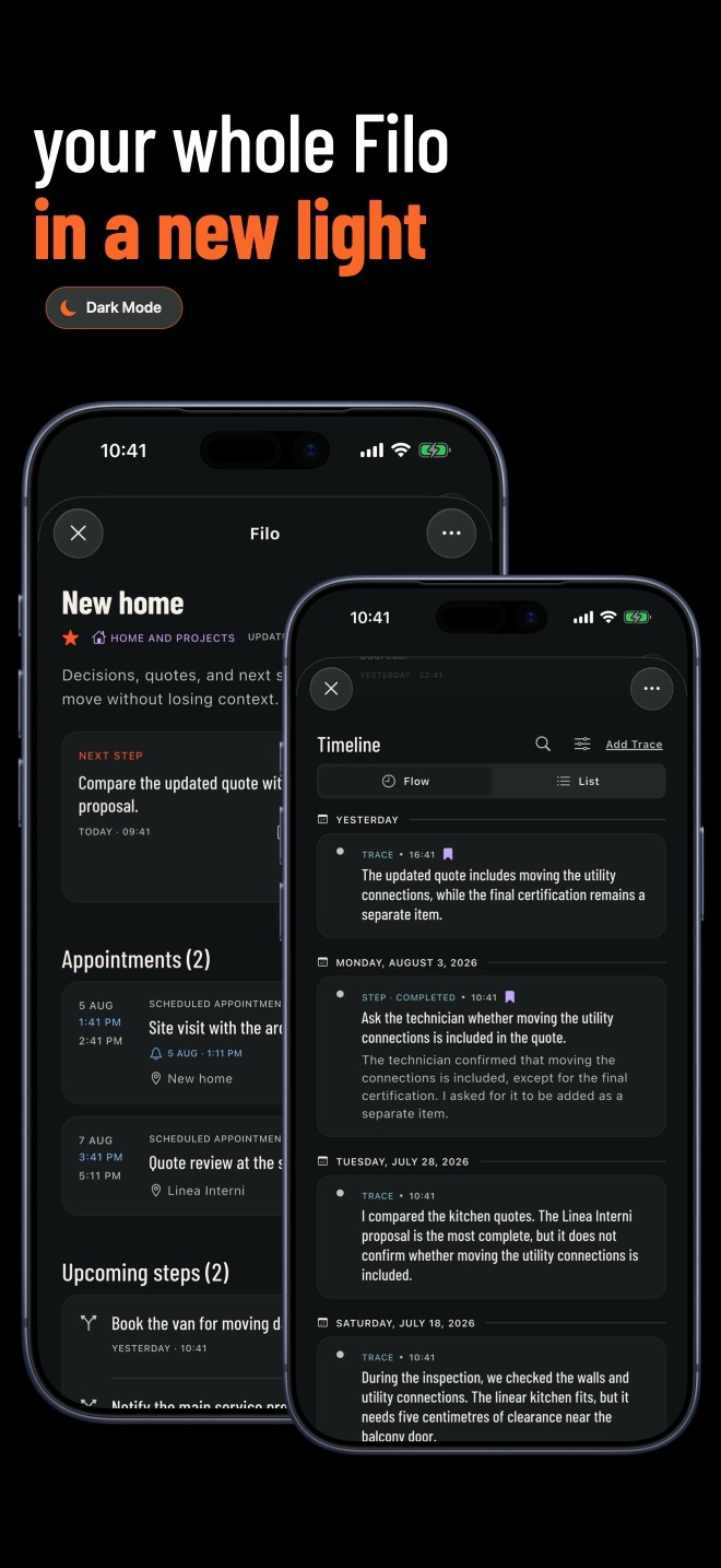 FILO Filo detail and Timeline in dark mode