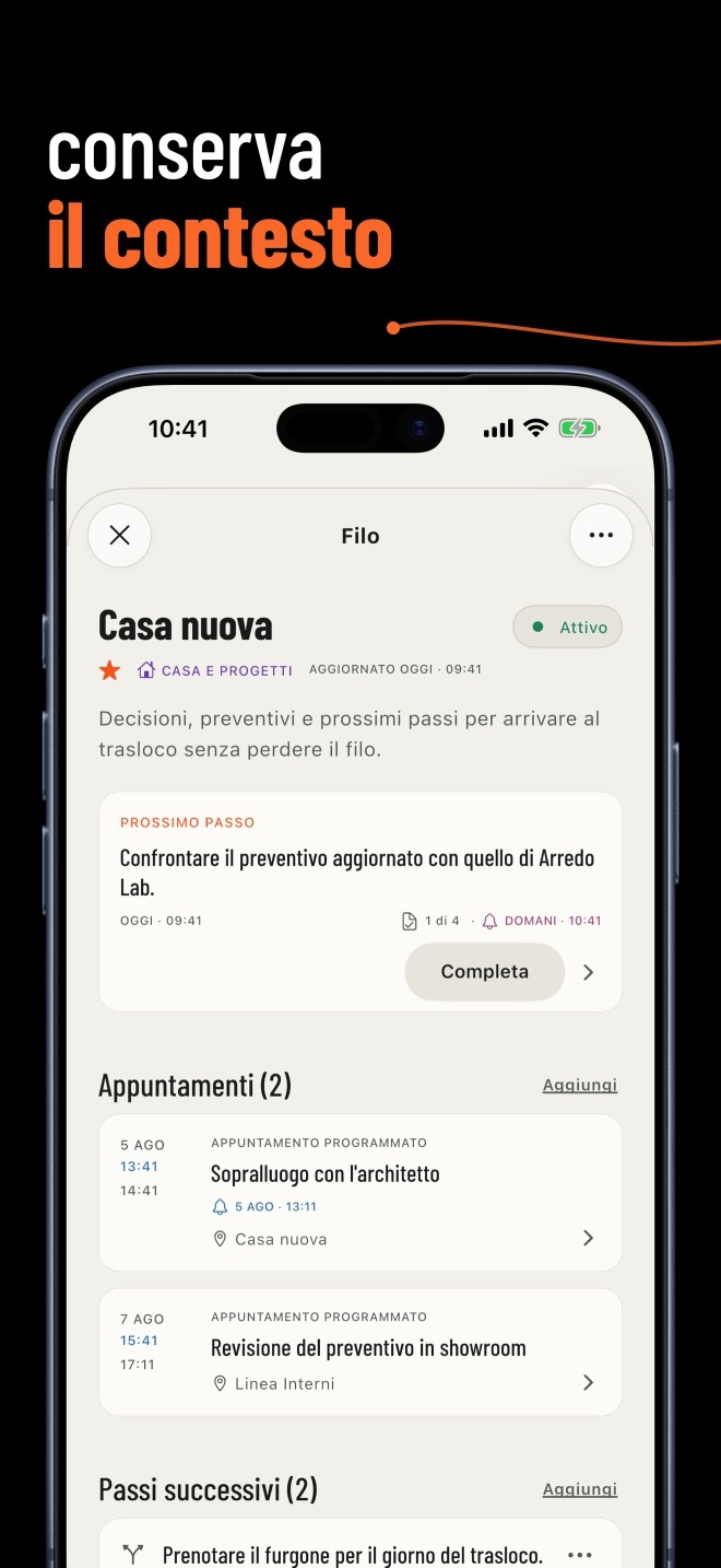 Casa nuova tra i Fili preferiti, con prossimo Passo, Appuntamenti e Passi successivi