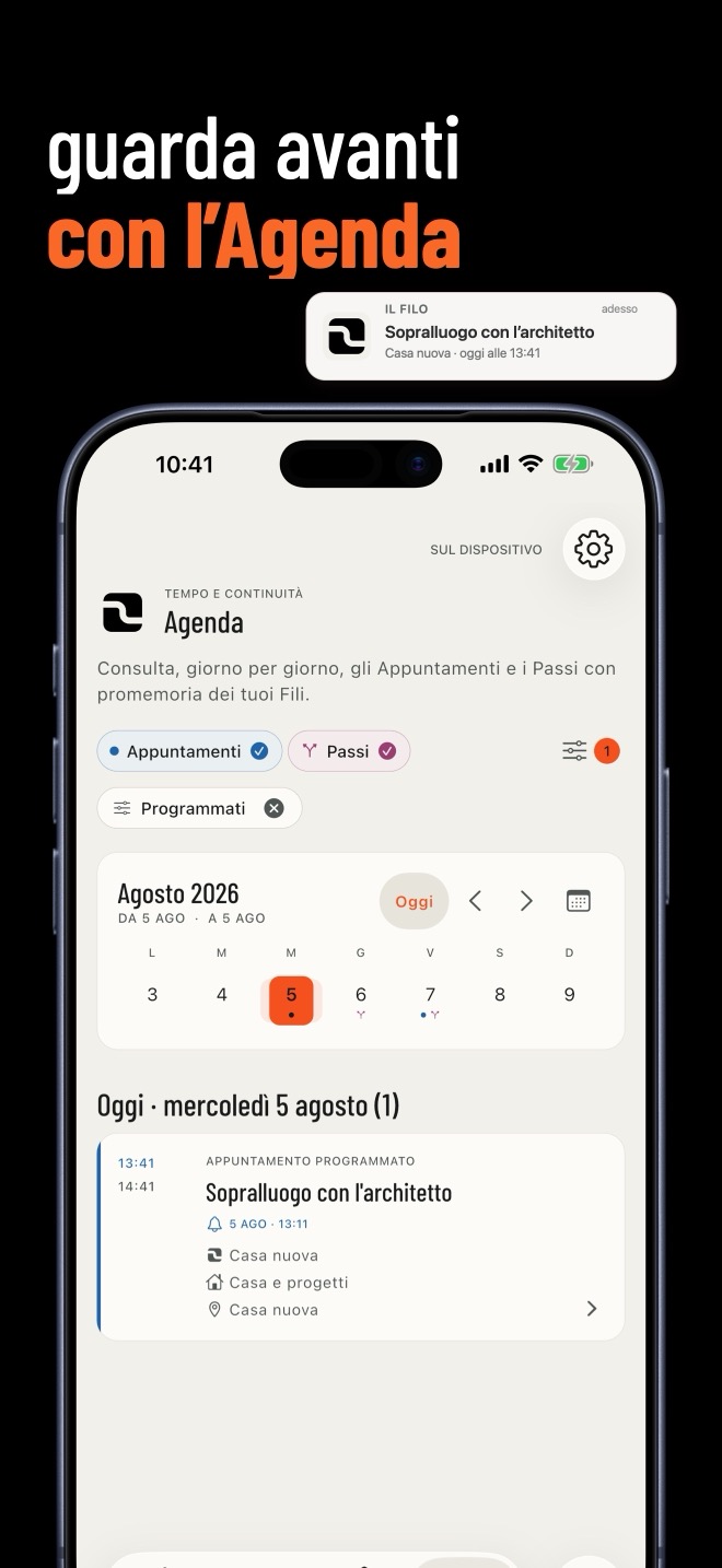 Agenda di FILO con calendario, filtri compatti e notifica di un promemoria