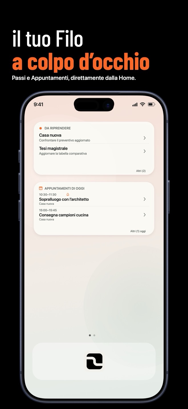 Widget FILO per Appuntamenti di oggi e Fili da riprendere sulla schermata Home
