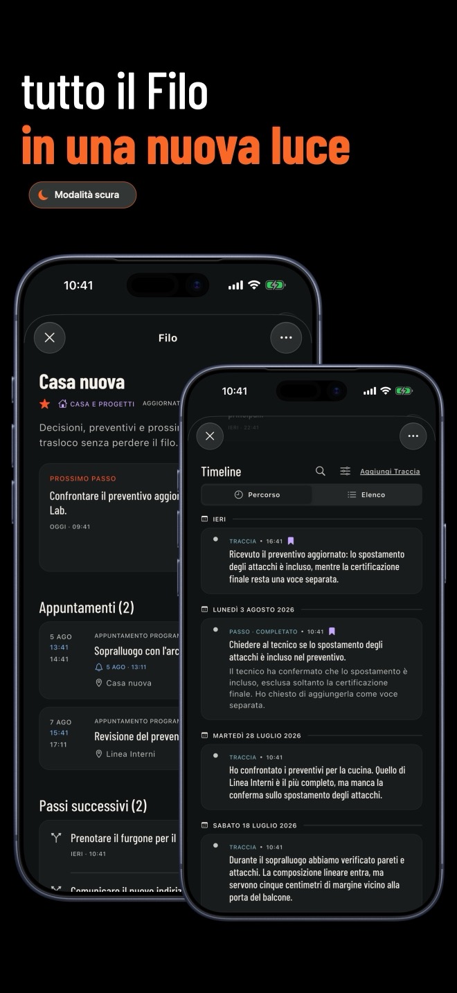 Dettaglio Filo e Timeline di FILO in tema scuro